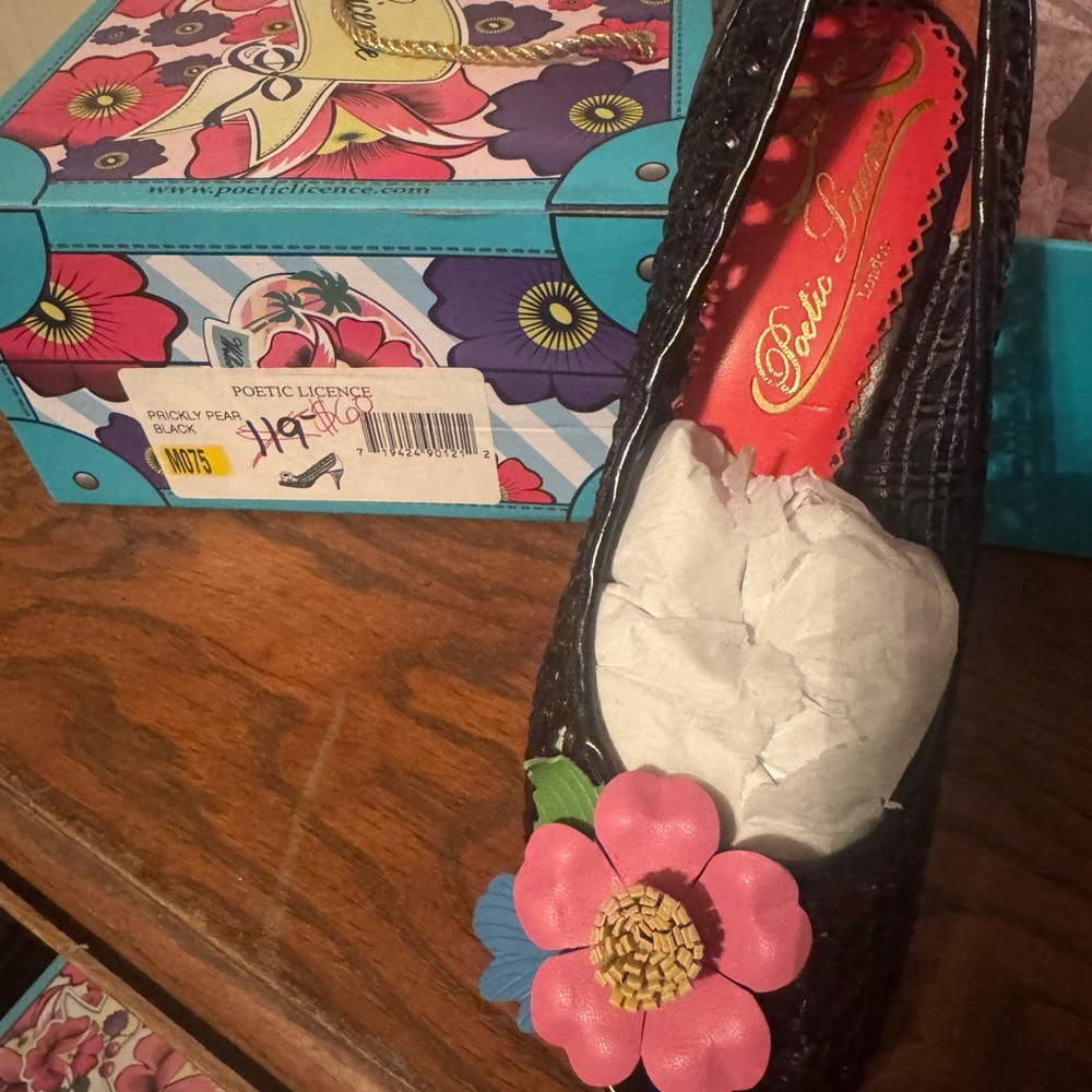 Poetic License Black Heels with Pink and Blue Floral Design